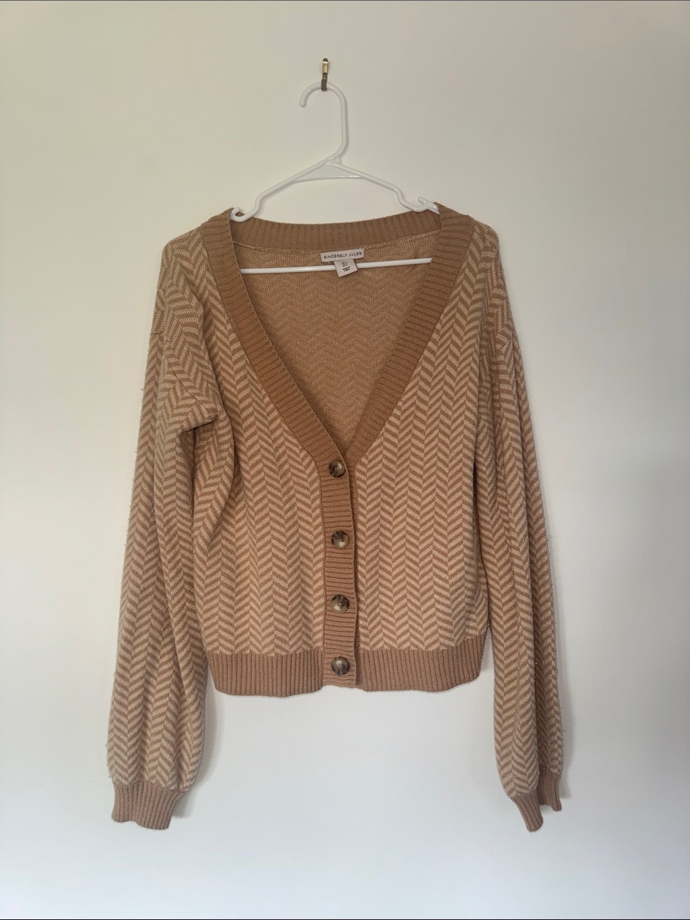 Chevron V-Neck Cardigan in Tan and Cream